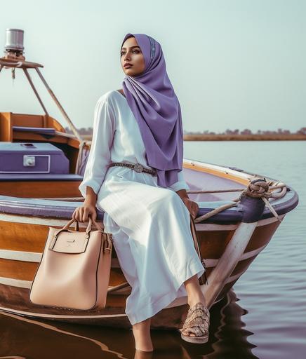 muslim woman in white dress posing next to a boat with a purple satchel, in the style of pop inspo, oshare kei, graceful, travel, pictorial, sky-blue, religious --ar 93:109 --q 2 --upbeta --s 750 --v 5