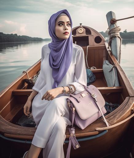 muslim woman in white dress posing next to a boat with a purple satchel, in the style of pop inspo, oshare kei, graceful, travel, pictorial, sky-blue, religious --ar 93:109 --q 2 --upbeta --s 750 --v 5
