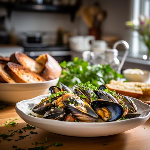 mussel with a side of bread and other sides,food photography, full view, 45 degree view, in a modern west coast kitchen, ultra detailed, 8k, clean   cinematic shot, 50mm at F 1. 2 aperture, , soft sunlight falling on the subject