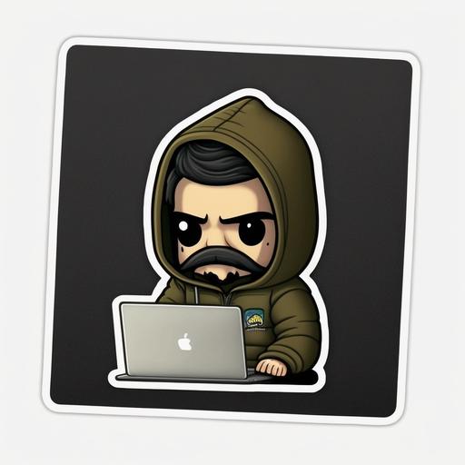 mustached cyber hacker emoji, typing on his laptoop, wearing hoodie. sticker.