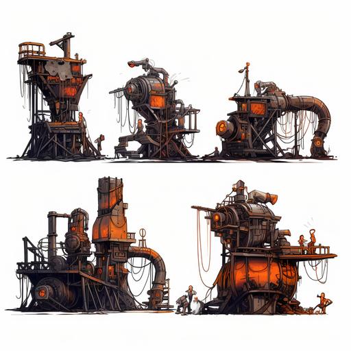 mutiple side view angles of steampunk blacksmith mechanisms on whitte background, buckets of lava, industrial winches, comic art style, Killian Eng, thick outlines, 8k