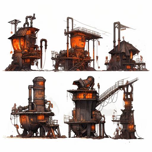 mutiple side view angles of steampunk blacksmith mechanisms on whitte background, buckets of lava, industrial winches, comic art style, Killian Eng, thick outlines, 8k