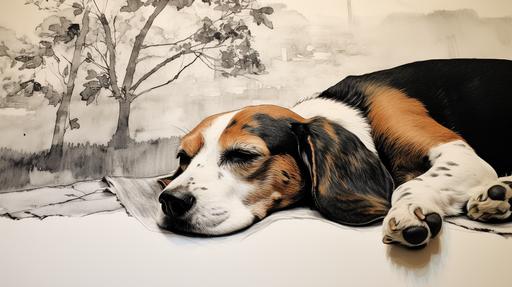 my dog died today, so let's see a sumi-e portrait of a peacefully resting old beagle --ar 16:9 --s 50 --style raw