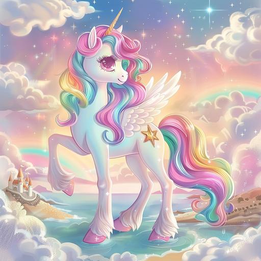 my little unicorn pony clipart background wallpaper, dreamy pastel rainbow colors golden stars, puffy clouds, beach background, castle, simple, attractive to look at