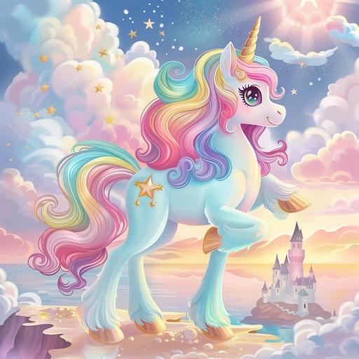 my little unicorn pony clipart background wallpaper, dreamy pastel rainbow colors golden stars, puffy clouds, beach background, castle, simple, attractive to look at