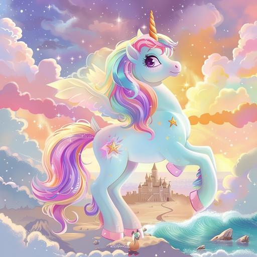 my little unicorn pony clipart background wallpaper, dreamy pastel rainbow colors golden stars, puffy clouds, beach background, castle, simple, attractive to look at