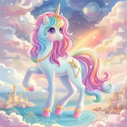 my little unicorn pony clipart background wallpaper, dreamy pastel rainbow colors golden stars, puffy clouds, beach background, castle, simple, attractive to look at