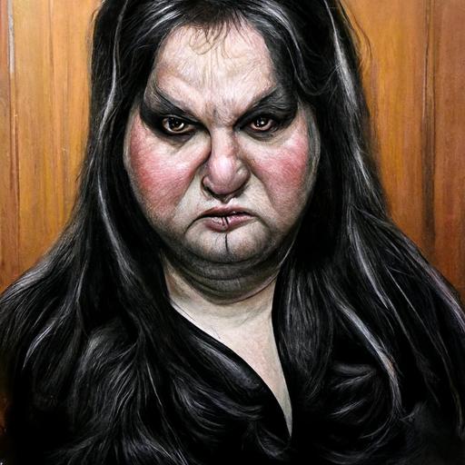my neighbor is a super fat woman , she has long hair , black clothes , too much makeup , 32 years old, scary angry ,surreal, airbrush, by Manfred Deix, insanely realistic drawing, surreal, super detailed