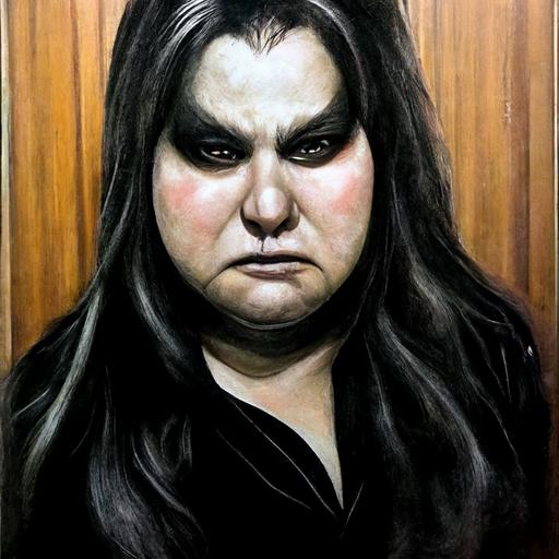 my neighbor is a super fat woman , she has long hair , black clothes , too much makeup , 32 years old, scary angry ,surreal, airbrush, by Manfred Deix, insanely realistic drawing, surreal, super detailed