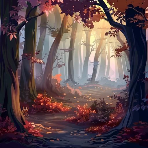 mysterious forest background, cartoon, 4k