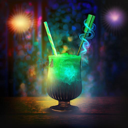mysterious glowing cocktail drink The Envy, jade swizzle stick, bokeh background, god lighting, electric, exciting, enchanting, beautiful, tiki bar setting