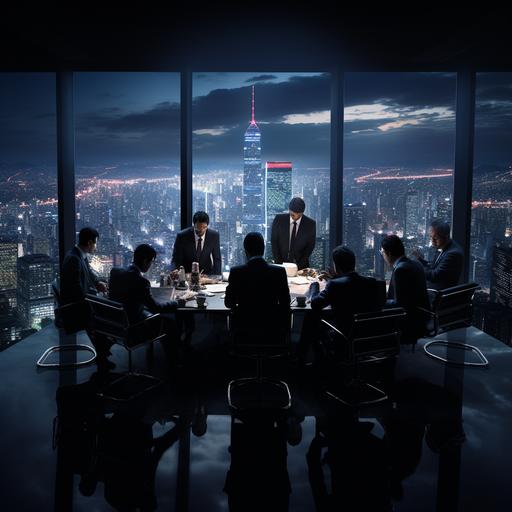 mysterious men faces not shown sat around a desk having a meeting. They all are wearing black 3 piece suits and they look evil. they are in a luxary office with a skyscaper view of tokyo in the night