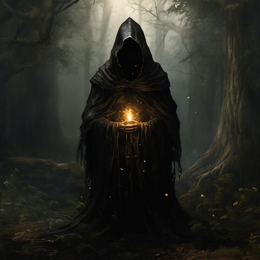 mysterious wizard, wearing a black cape with the hood, no face in a forest mushrooms