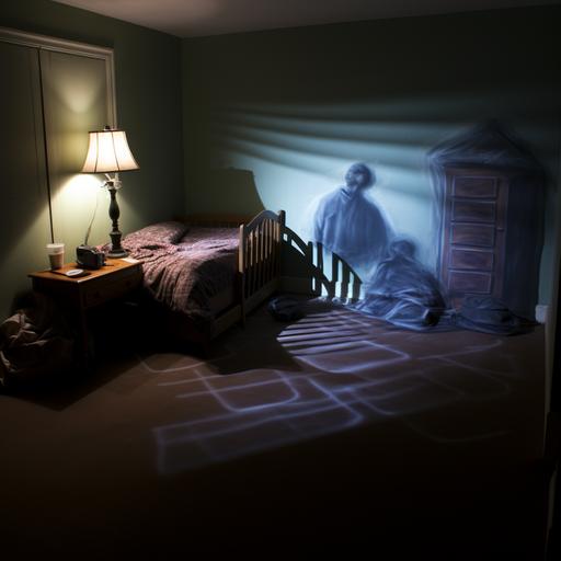 mystery scene, police chalk outline of a body on the floor in a bedroom outline in chalk with bedding on the floor and a chair tipped over, lamp is on