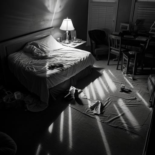 mystery scene, police chalk outline of a body on the floor in a bedroom outline in chalk with bedding on the floor and a chair tipped over, lamp is on