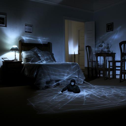 mystery scene, police chalk outline of a body on the floor in a bedroom outline in chalk with bedding on the floor and a chair tipped over, lamp is on