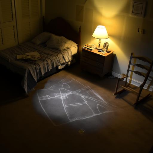 mystery scene, police chalk outline of a body on the floor in a bedroom outline in chalk with bedding on the floor and a chair tipped over, lamp is on