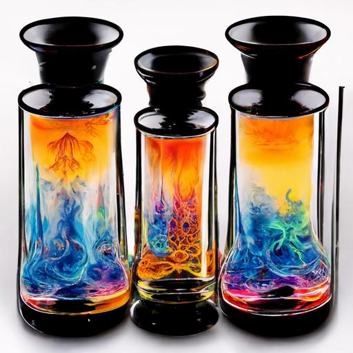 mystical chemistry, alchemy, smoky, liquid, laboratory, bubbling, neon, perfection, photorealistic, intricate, very detailed, intricate, vivid, 3x Tall form Beakers – 50 ml, 250 ml, 400 ml 2x Erlenmeyer Flasks – 50 ml, 250 ml 2x Graduated Cylinders – 10 ml, 100 ml 6x Test Tubes – 15 x 125mm 1x Test Tube Brush 1x Test Tube Holder 1x Test Tube Rack 1x Watch Glass – 100 mm 1x Safety Goggles 1x Spatula 1x Micro Thermometer -10 to 110 C 1x Wash Bottle 6x Dropper Pipettes – 3 ml 2x Glass Stirring rod – 8″ 1x Hand Magnifier – 3x / 6x magnification