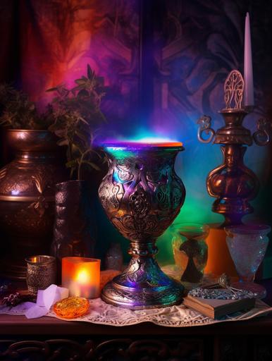 mystical crystalline amphora chalice on a maximalist wiccan altar, crystals, arcane objects, shamanic brew with an apalone shimmer, rainbow light reflection velvet tapestry, fragrant mists swirl, primordial glow --ar 3:4 --v 5