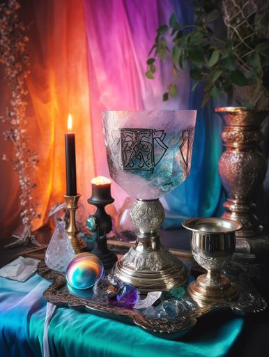 mystical crystalline amphora chalice on a maximalist wiccan altar, crystals, arcane objects, shamanic brew with an apalone shimmer, rainbow light reflection velvet tapestry, fragrant mists swirl, primordial glow --ar 3:4 --v 5