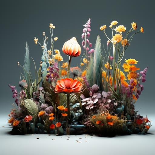 mystical forrest plants, grey background, colorful , 3d model, in middle of forrest