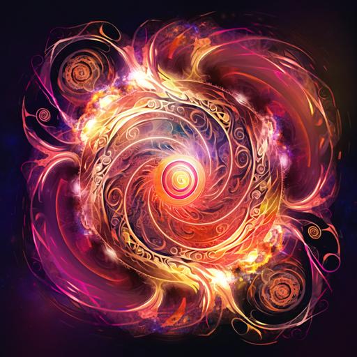 mystical style spinning, gyroscope, made of brass metallic fillagree, painterly, spinning and emitting waves of cosmic fire, illustrative style --niji
