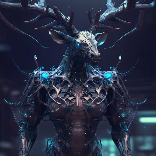 mythic deer, armored, futurisic armor, alien deer, cyberpunk, full body, menacing, epic, high details, 8K