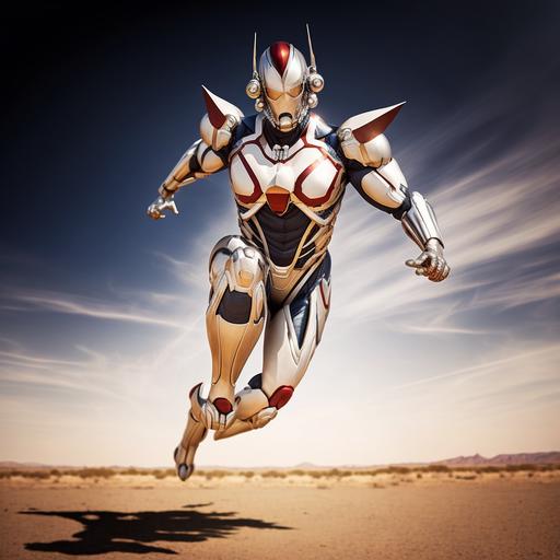 Marvel universe style Fit handsome mature Japanese super villain man no mask wearing white android jetpack suit, action pose, dystopian nightmare, wide angle, full body, action shot super hero landing --v 4