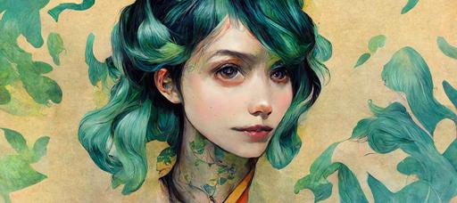 portrait of beautiful anime girl with a long neck, big eyes, and green hair painted in the style a James Jean, paint tattoos --s 5120 --ar 21:9