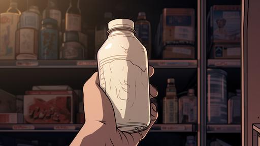 Japanese manga style, illustration, I need to create a wallpaper for use in anime. Hand holding a milk bottle at the bottom of the shelf, close-up of hand, --ar 16:9