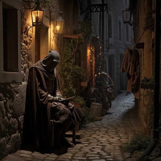 n a quiet street in the citadel a mediaval man paints magnificent medieval masks, ,style as stephane Bileau, strange and smoogy atmosphere, beautiful lighting, very detailed,full body--testp