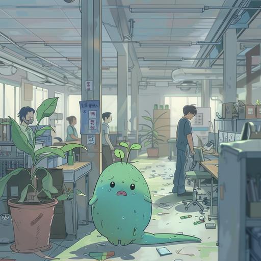 n an open space, several people are working, they are sad and upset. The light is pale. In a corner of the room, a cute little green plant in a kawaii character is crying, its stems are drooping.