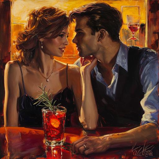 n elegant and sophisticated Italian cafe scene, capturing the essence of a Negroni. It features a male and female couple enjoying the moment, adding a personal and intimate touch to the setting. The deep red Negroni cocktail is prominently displayed on their table, garnished with a sprig of rosemary and an orange twist. The warm glow of the setting sun casts a gentle light on the couple and their surroundings, creating a relaxed yet refined atmosphere. The couple, dressed in stylish, casual attire, further reflects the iconic nature and European charm associated with a Negroni --v 6.0 --style raw