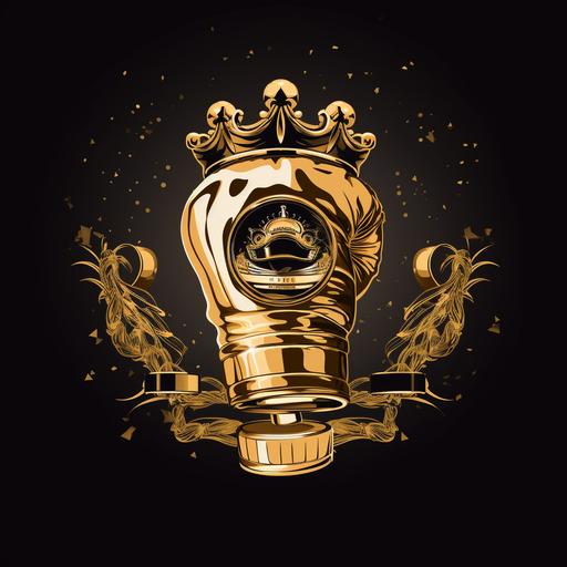 logo with gold ornate boxing gloves and ring side microphone, classy