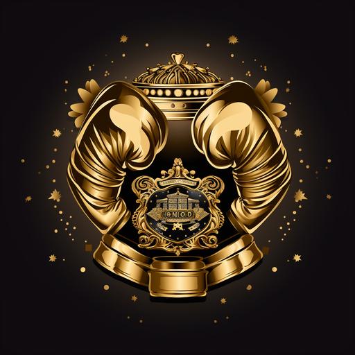 logo with gold ornate boxing gloves and ring side microphone, classy