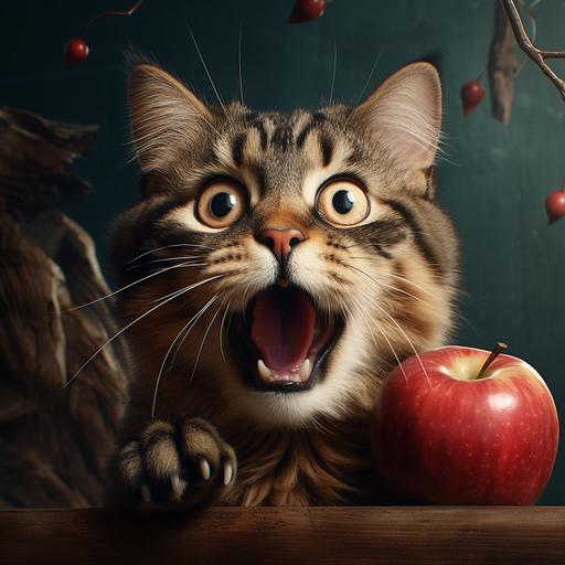 shocked cat face. Looking horrified. Holding an apple.