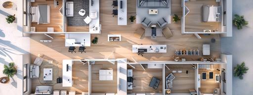 blueprint of an offices in commercial bulding, top view, many rooms, realistic rendering, camera lens, bright natural colors --ar 8:3