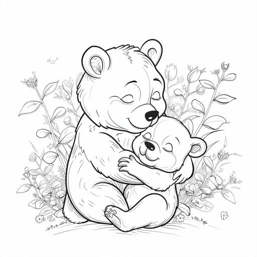 coloring book, baby and mather bear huging, no elements in the background