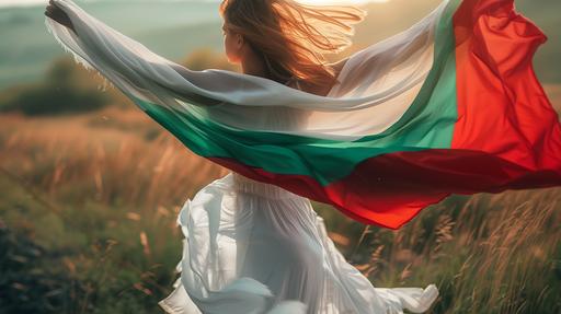 photo of woman holding the bulgarian flag (from top to bottom white,red,green)in one hand,wearing a white dress, the photo is taking from her back, hyper realistic, camera, 4k, HD, --ar 16:9 --v 6.0