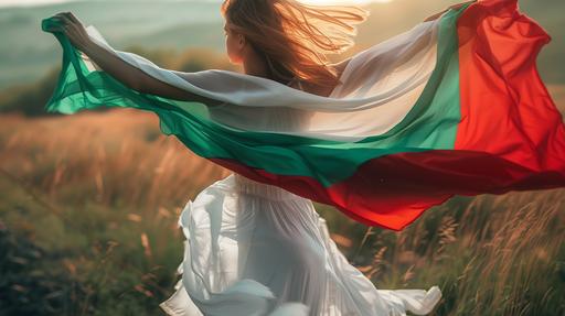 photo of woman holding the bulgarian flag (from top to bottom white,red,green)in one hand,wearing a white dress, the photo is taking from her back, hyper realistic, camera, 4k, HD, --ar 16:9
