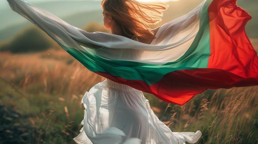 photo of woman holding the bulgarian flag (from top to bottom white,red,green)in one hand,wearing a white dress, the photo is taking from her back, hyper realistic, camera, 4k, HD, --v 6.0 --ar 16:9