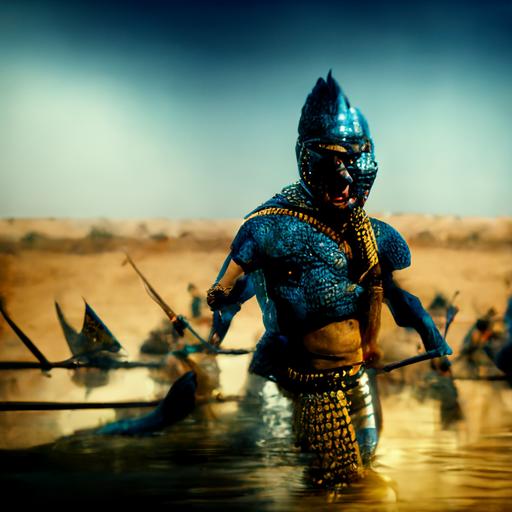 a Egyptian warrior in the batel up to fight against tee crocodile army, and the scene of the pattle,near big and far small!,cinematic style, hyperealistic, lighting, blue, muted colors