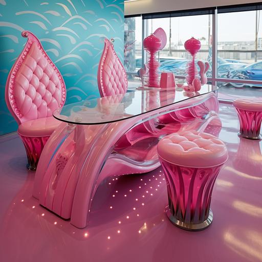 nail art table in nail bar , incredulous spiraling glassy furnitures of a bed room inspired to Barbie mermaid