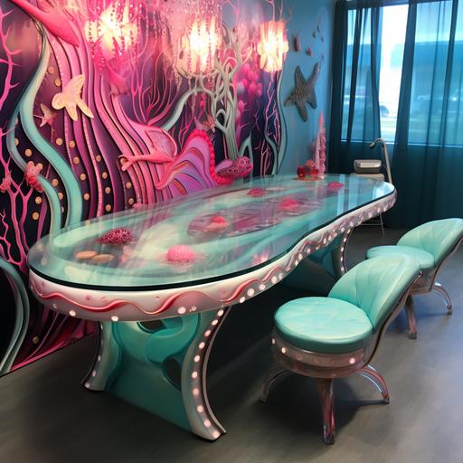 nail art table in nail bar , incredulous spiraling glassy furnitures of a bed room inspired to Barbie mermaid