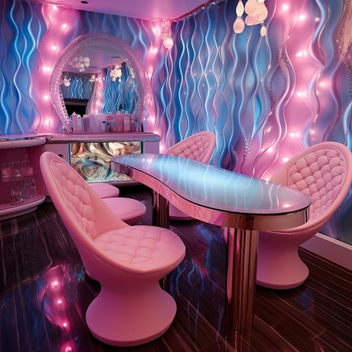 nail art table in nail bar , incredulous spiraling glassy furnitures of a bed room inspired to Barbie mermaid