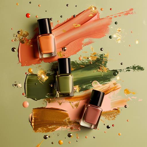 nail polish bottles, fashion trendy, professional photography, realistic high resolution, color strokes, splash peach, ocre, earth colors, olive green, gold foil dots and paint splash