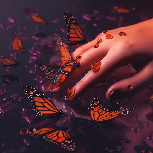 nail polish splashes and monarch butterflies surreal cinematographic 8k