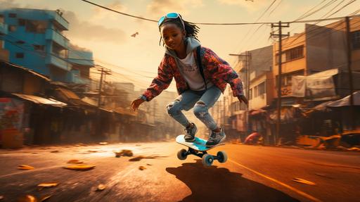 nairobi city futuristic street ,a little girl on her skate board,happy ,realistic,high quality --ar 16:9
