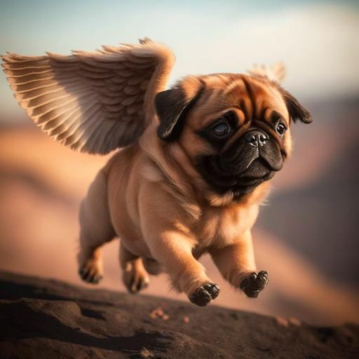 create a brown pug with wings flying above the andes cute laughing