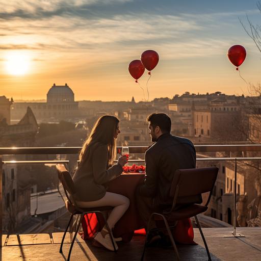 propose a photo of a couple on Valentine's Day, two people are talking at a restaurant table, red heart-shaped balloons are flying next to them, the coloseum in Rome is visible in the background; warm sunrise, romantic atmosphere, high quality, realistic photo, positive mood, golden hour, in blue color, ar 3:2